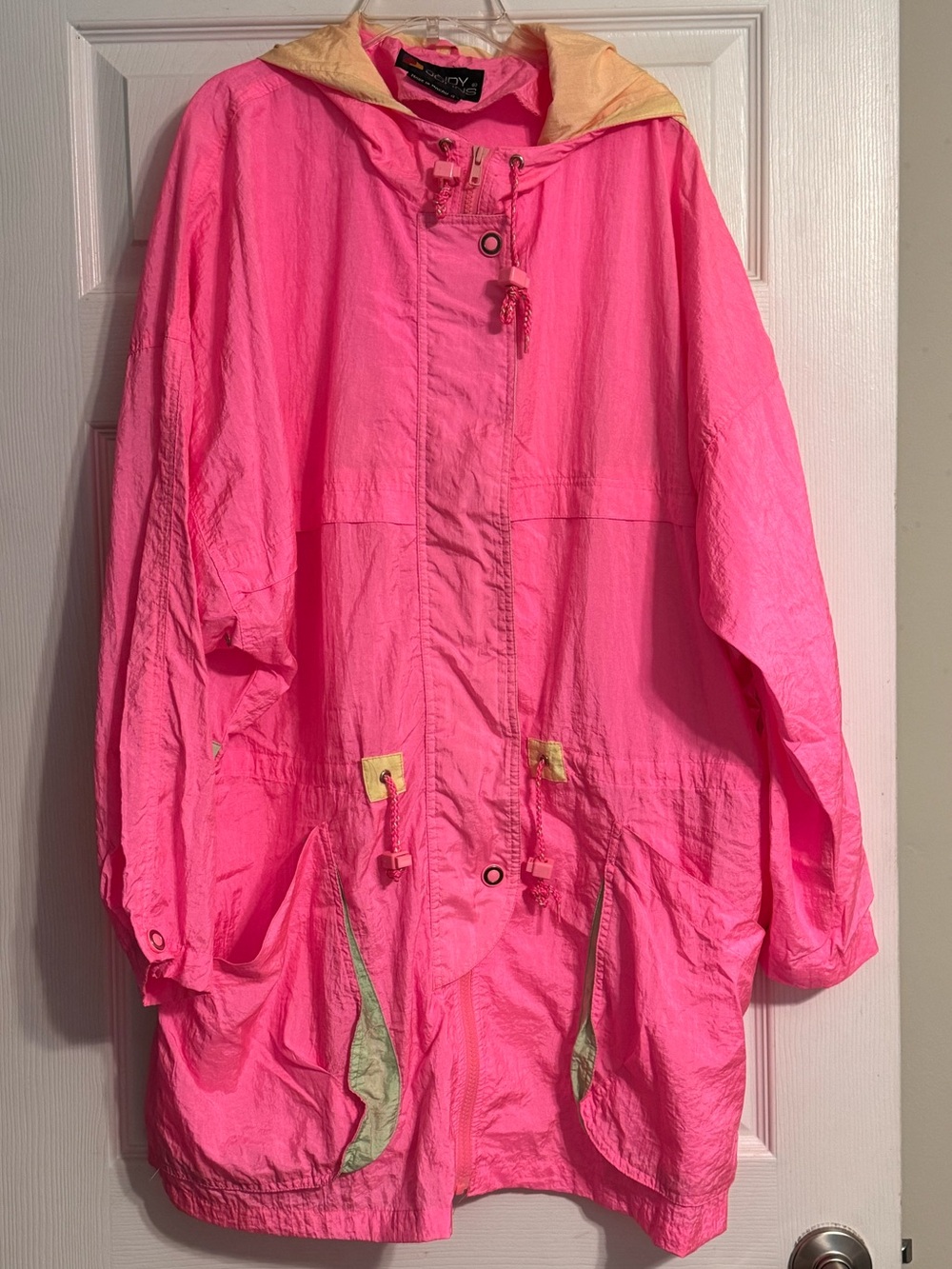 Vintage 80’s Neon Pink Yellow Green Windbreaker Trench Nylon Zip Raincoat Large